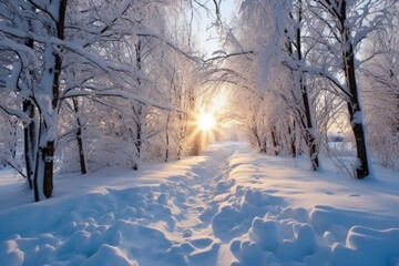 Obraz premium The morning sun, the white world, roads and trees covered with thick snow, snow hanging on the branches. AI generative