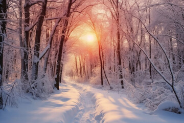 The morning sun, the white world, roads and trees covered with thick snow, snow hanging on the branches. AI generative