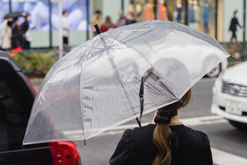 Woman with umbrella waits at the street to cross