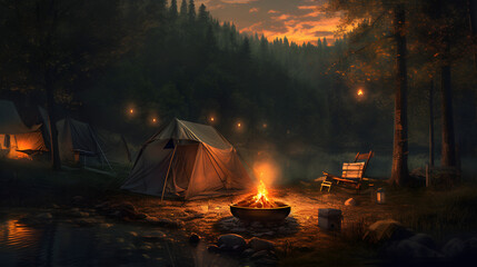 Camping tent in a forest by a lake at sunset with campfire, generative AI