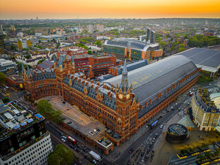 Aerial view of St Pancras and Kings Cross train stations in London