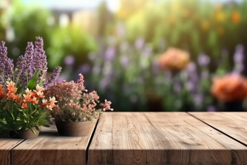 Fototapeta na wymiar Wooden Board Table Top with Empty Space and Blurred Flower Garden Background. AI generative