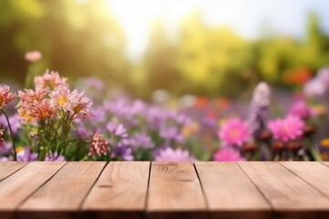 Fototapeta na wymiar Wooden Board Table Top with Empty Space and Blurred Flower Garden Background. AI generative