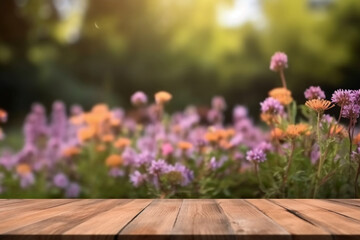 Wooden Board Table Top with Empty Space and Blurred Flower Garden Background. AI generative
