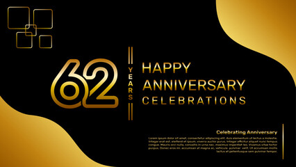 62 year anniversary logo design with a double line concept in gold color, logo vector template illustration