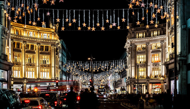 Dramatic view of the Oxford street in London at Christmas time