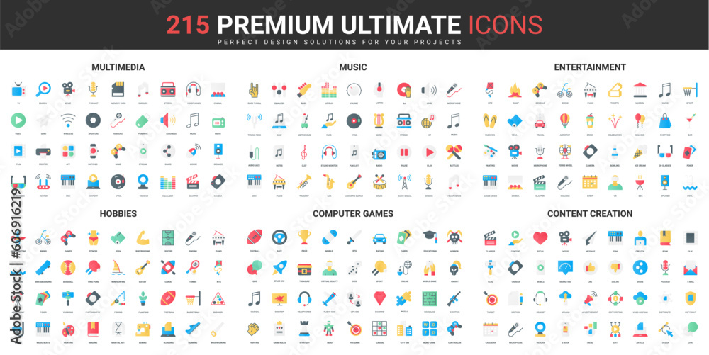 Leinwandbilder Multimedia content creation, music and entertainment color flat icons set vector illustration. Abstract symbols of hobby activity and computer games, sport simple design for mobile and web apps