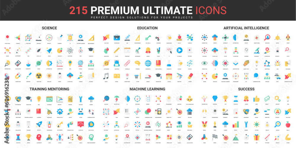Aufkleber Science, education and artificial intelligence technology color flat icons set vector illustration. Abstract symbols of machine learning, success training simple design for mobile and web apps