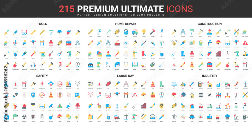 Aufkleber tools and equipment for home repair and building construction color flat icons set vector illustrati