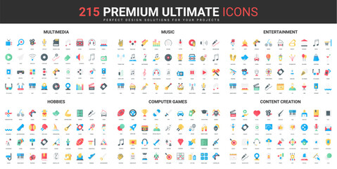 Multimedia content creation, music and entertainment color flat icons set vector illustration. Abstract symbols of hobby activity and computer games, sport simple design for mobile and web apps