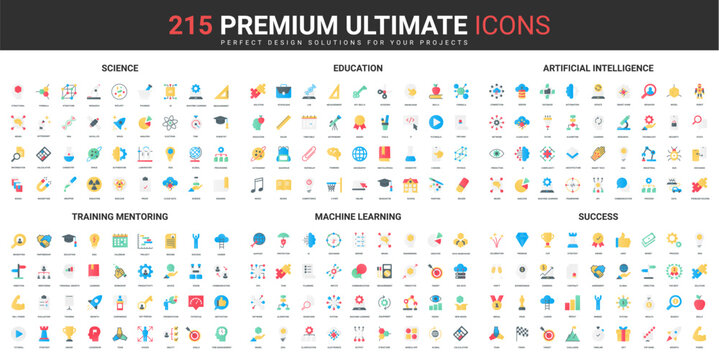 Science, education and artificial intelligence technology color flat icons set vector illustration. Abstract symbols of machine learning, success training simple design for mobile and web apps