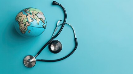 World Health Day with stethoscope and miniature earth on blue background for banner design
