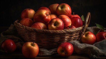 a bunch of apples in a basket with perfect viewing angles and blurred background