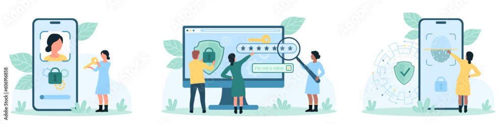 Poster biometric identification, secure data verification set vector illustration. cartoon tiny people iden