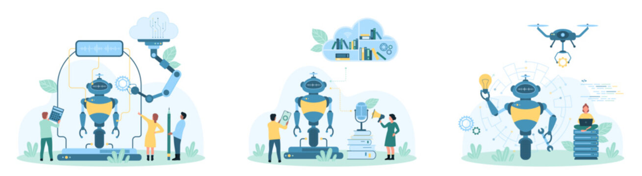 AI and algorithms, machine learning technology set vector illustration. Cartoon tiny people and supervised robotic arm create android robot, futuristic automation education process of digital brain