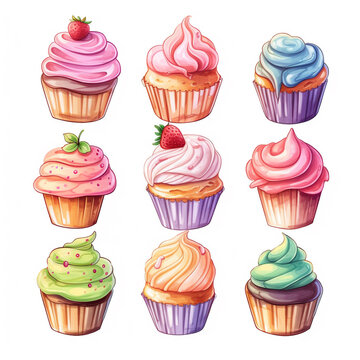 Set of watercolor cupcakes isolated on white background. Hand drawn watercolor illustration. Cream and berries. Sweet tasty food illustration. Ai generative.