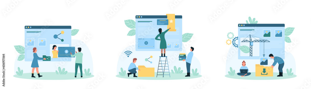 Poster web services set vector illustration. cartoon tiny people add web page to favorites, share video in 