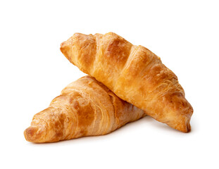 two piece of croissant in stack isolated on white background with clipping path and shadow in png...