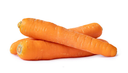 Three fresh orange carrots in stack isolated on white background with clipping path, Close up of healthy vegetable root