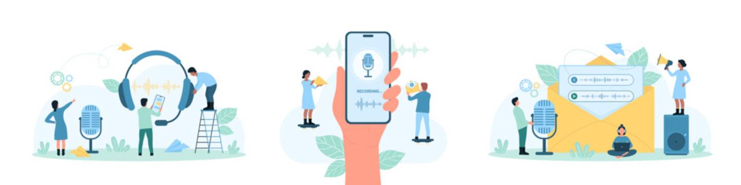 Recording Voice Messages Set Vector Illustration. Cartoon Tiny People Record Voicemail With Microphone, Listen To Conversation In Headphones, Hand With Mic Mobile App And Button On Phone Screen