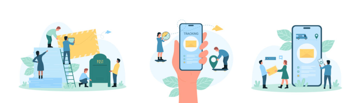Postal service to send and get correspondence set vector illustration. Cartoon tiny people track delivery status of letter in mail system via phone mobile app, put post stamp on paper envelope