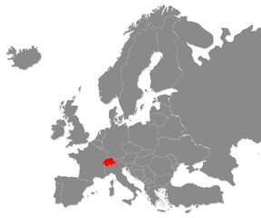 Map of Switzerland highligted with red in Europe map
