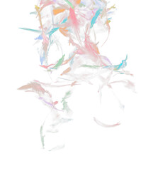 Obraz premium Many color Feather fly fall in Air over black background isolated. Puffy Fluffy soft feathers as purity smooth like dream floating dove in sky. Angle flying from heaven, photo motion studio lighting