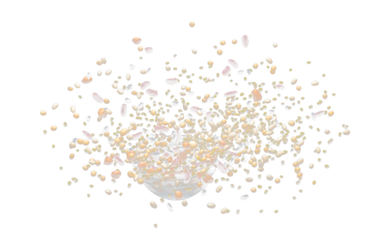 Mix beans fall down explosion, several multi kind bean float explode. Dried mixed white green red soy black peanut beans splash throwing in Air. Black background Isolated