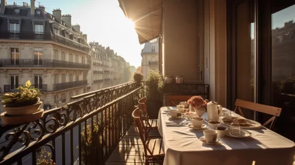 Foto op Plexiglas Breakfast on balcony during morning in paris terrace hotel. Generative AI AIG19. © Summit Art Creations