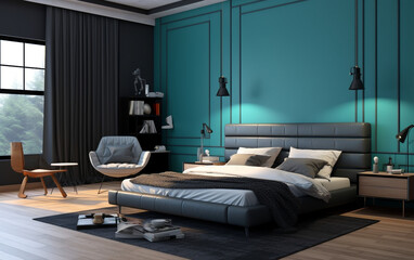 Minimalistic cyan and black bedroom with clean lines and geometric rug, Generative AI	
