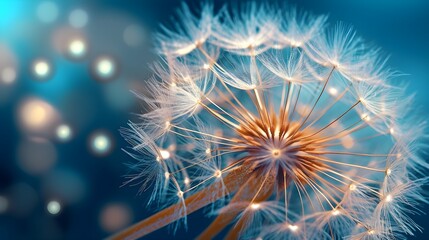 Beautiful dew drops on a dandelion seed macro. Beautiful blue background. Large golden dew drops on a parachute dandelion. Soft dreamy tender artistic image form, generative AI