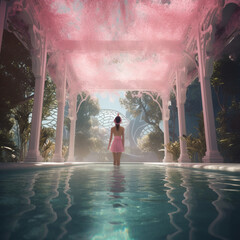 lady, pink, swim wear, pool, resort