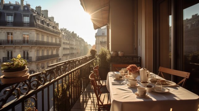 Breakfast on balcony during morning in paris terrace hotel. Generative AI AIG19.