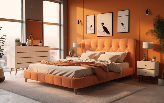 Modern and Chic Orange Bedroom with King Size Bed, Generative AI	