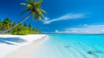 Beautiful natural tropical landscape, beach with white sand and Palm tree leaned over calm wave. Turquoise ocean on background blue sky with clouds on sunny summer day, island Maldives, generative AI
