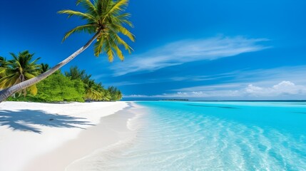 Beautiful natural tropical landscape, beach with white sand and Palm tree leaned over calm wave. Turquoise ocean on background blue sky with clouds on sunny summer day, island Maldives, generative AI