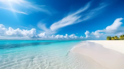 Foto auf Alu-Dibond Beautiful tropical wave of summer sea surf. Soft turquoise blue ocean wave on the golden sandy beach, generative AI © Nadine