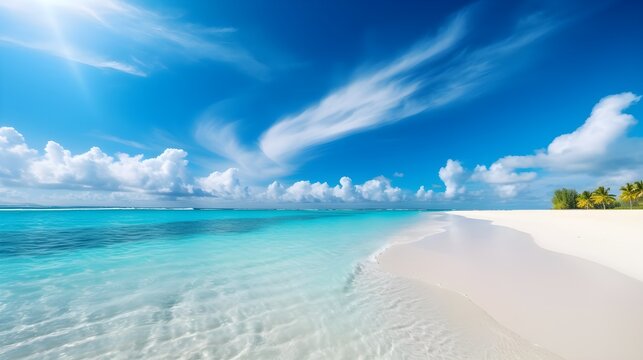 Beautiful tropical wave of summer sea surf. Soft turquoise blue ocean wave on the golden sandy beach, generative AI