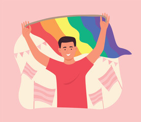 Gay Man Holding Rainbow Flag for LGBT Gay Pride Celebration Concept Illustration