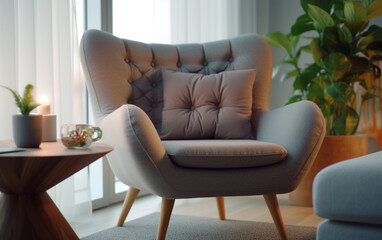 Modern gray armchair in cozy living room interior, Generative AI	