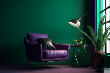 Modern living room Decor with purple accent chair on green wall, Generative AI	
