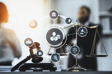 Smart law, legal advice icons and lawyer working tools in the lawyers office showing concept of...