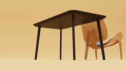 table and chair isolated on yellow background.