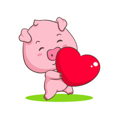 Obraz na płótnie Canvas Cute pig cartoon character holding love heart. Adorable animal concept design. Isolated white background. Vector art illustration.