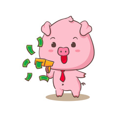 Cute pig cartoon character holding money gun. Adorable animal concept design. Isolated white background. Vector art illustration.