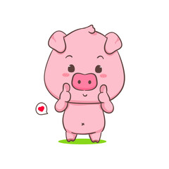 Cute pig cartoon character showing thumbs up. Adorable animal concept design. Isolated white background. Vector art illustration.