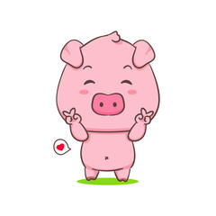 Cute pig cartoon character posing peace hands. Adorable animal concept design. Isolated white background. Vector art illustration.
