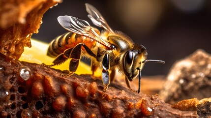 Detailed macro image of a bee collecting honey in a beehive, generative AI