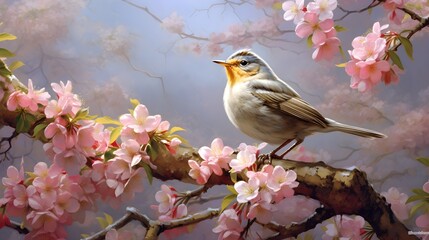 Delightfully beautiful nightingale bird on a flowering tree in spring, generative AI