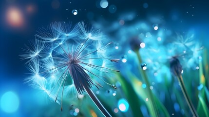 Dandelion Seeds in droplets of water on blue and turquoise beautiful background with soft focus in nature macro. Drops of dew sparkle on dandelion in rays of light, generative AI